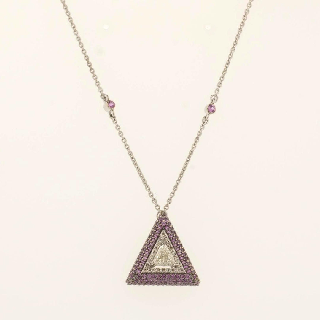 Pink Sapphire Triangle Diamond Necklace, 14k Solid Gold, Natural Diamond, Geometric Gemstone Stackable Chain, Certified Jewelry