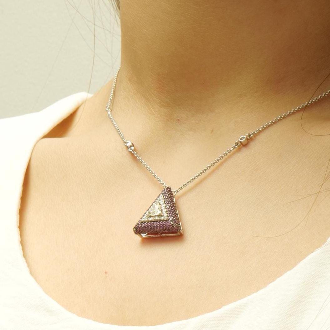 Pink Sapphire Triangle Diamond Necklace, 14k Solid Gold, Natural Diamond, Geometric Gemstone Stackable Chain, Certified Jewelry