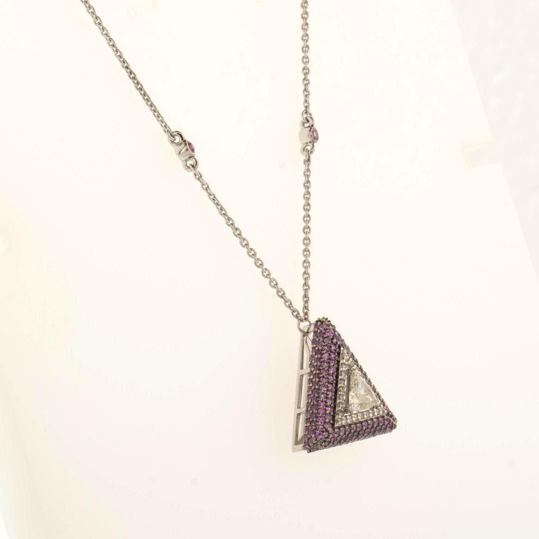 Pink Sapphire Triangle Diamond Necklace, 14k Solid Gold, Natural Diamond, Geometric Gemstone Stackable Chain, Certified Jewelry