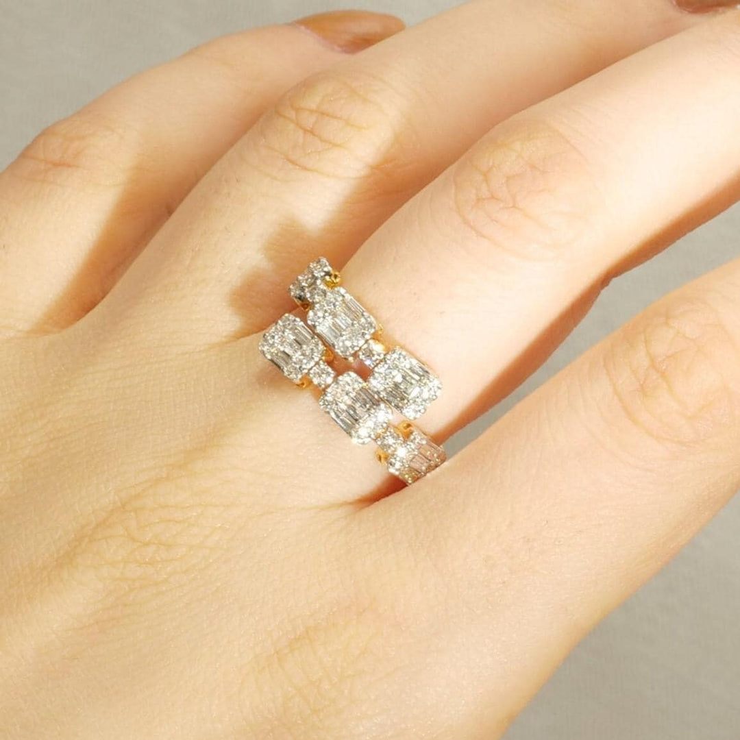Double Band Diamond Ring In 14K Solid Gold, Baguette & Round Diamonds, Centre Open Ring With Natural Diamonds, Gift For Her