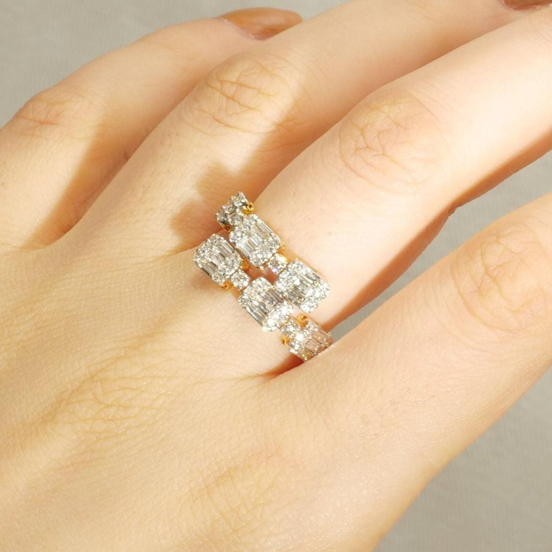 Double Band Diamond Ring In 14K Solid Gold, Baguette & Round Diamonds, Centre Open Ring With Natural Diamonds, Gift For Her