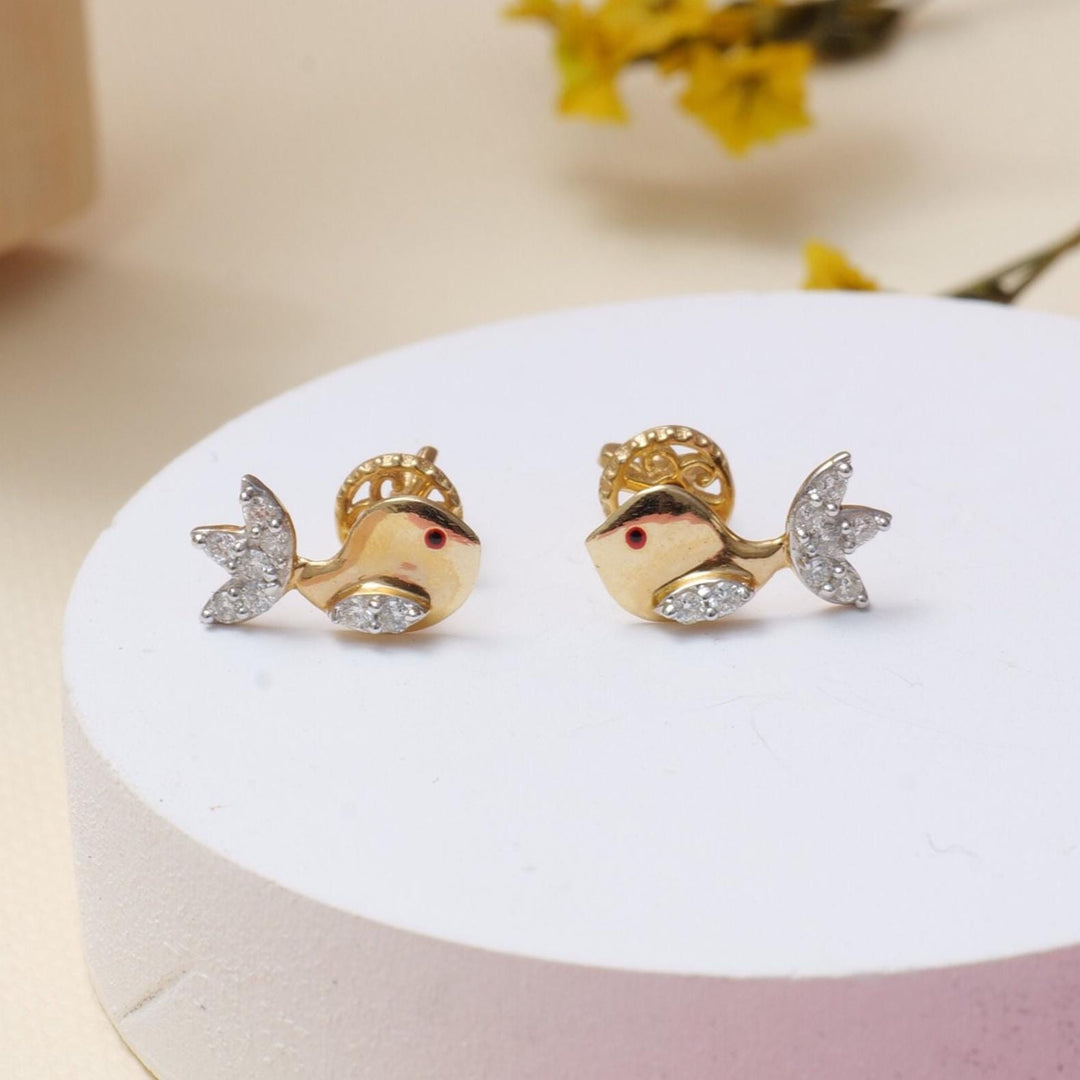 Kids Fish Diamond Stud Earrings, 14k Solid Gold, Natural Diamonds, Kids Jewelry, Gift for toddlers, girls and kids Gift For Her