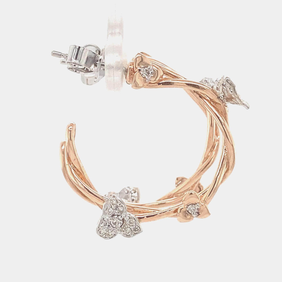 Hoop Vine Diamond Earrings, 14k Solid Gold J Hoops, Flower Natural Diamonds Earrings, Dual Tone, Ready To Ship, Women&#39;s Day Gift