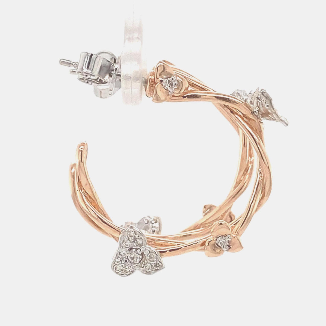 Hoop Vine Diamond Earrings, 14k Solid Gold J Hoops, Flower Natural Diamonds Earrings, Dual Tone, Ready To Ship, Women&#39;s Day Gift