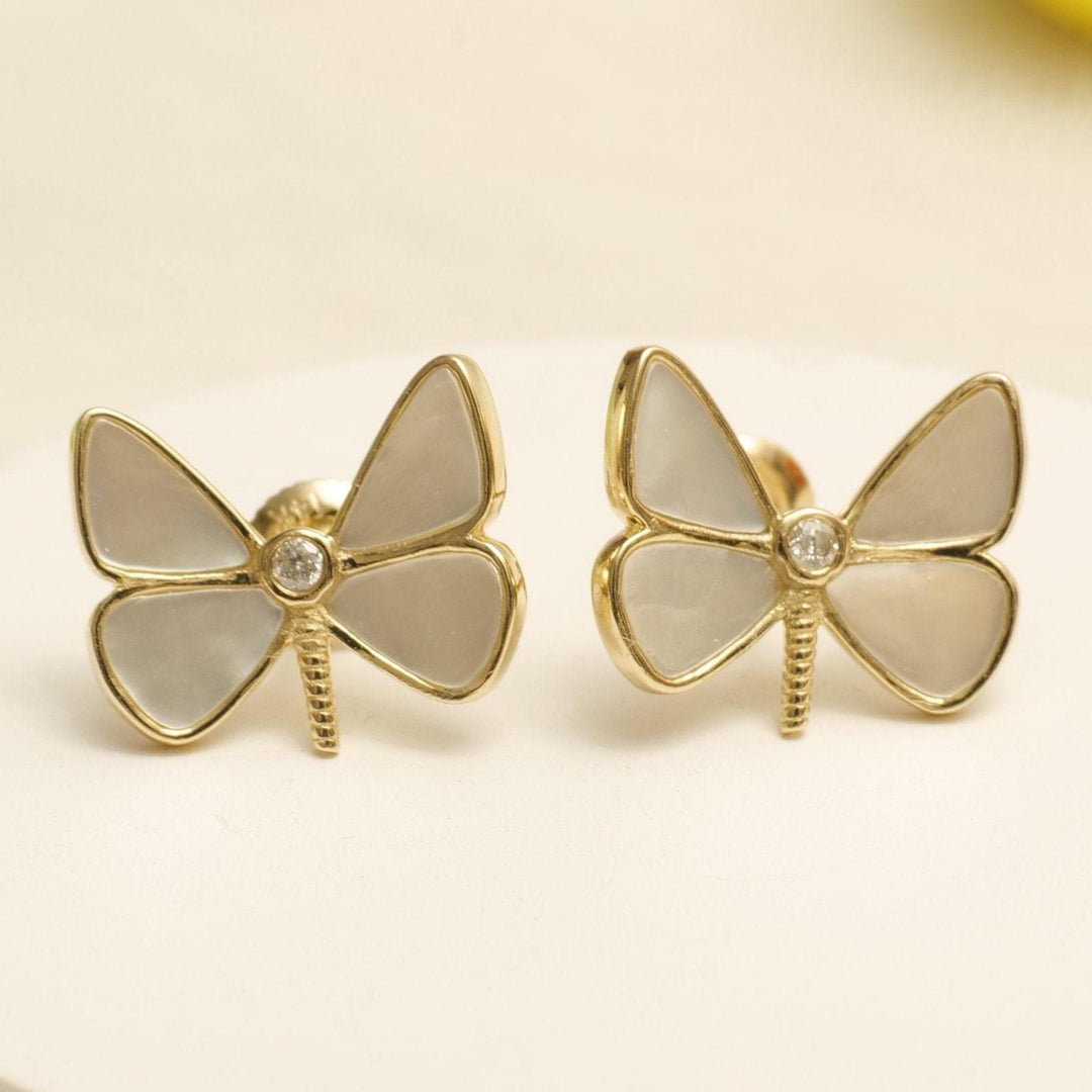 Kids Mother Of Pearl Butterfly Diamond Stud Earrings, 14k Solid Gold, Natural Diamonds, Kids Jewelry, Gift for toddlers/girls, Ready To Ship