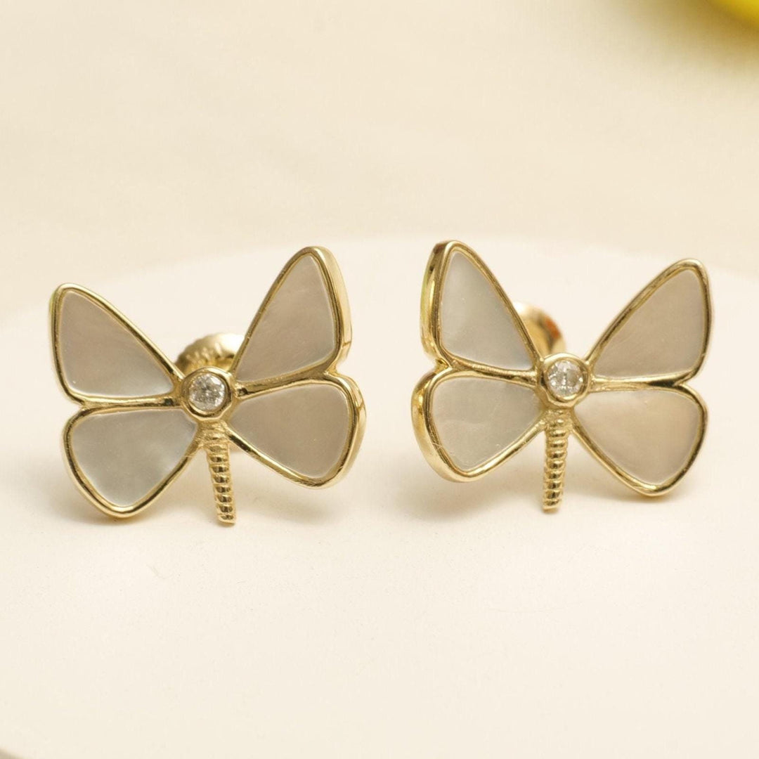 Kids Mother Of Pearl Butterfly Diamond Stud Earrings, 14k Solid Gold, Natural Diamonds, Kids Jewelry, Gift for toddlers/girls, Ready To Ship
