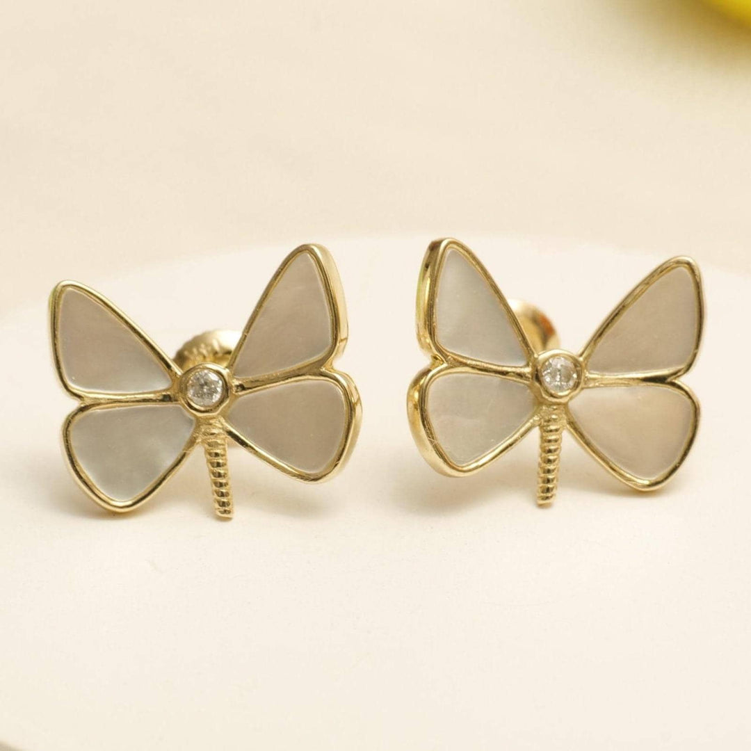 Kids Mother Of Pearl Butterfly Diamond Stud Earrings, 14k Solid Gold, Natural Diamonds, Kids Jewelry, Gift for toddlers/girls, Ready To Ship