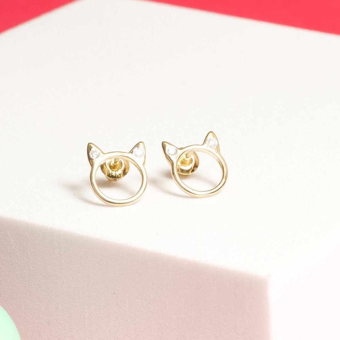 Kids Cat Ear Diamond Stud Earrings, 14k Solid Gold, Natural Diamonds, Animal jewelry, Gift for toddlers/girls/kids, Ready To Ship