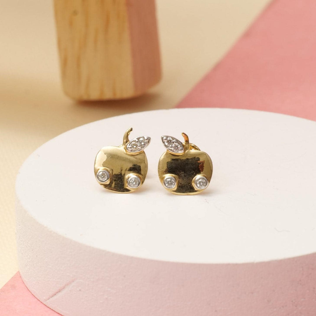 Kids Apple Diamond Stud Earrings, 14k Solid Gold, Natural Diamonds, Fruit Jewelry, Gift for toddlers/girls