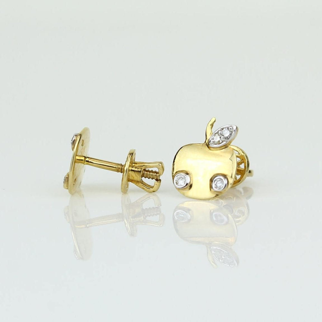 Kids Apple Diamond Stud Earrings, 14k Solid Gold, Natural Diamonds, Fruit Jewelry, Gift for toddlers/girls