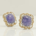 Load image into Gallery viewer, Tanzanite Cushion Halo Diamond Earrings, 14K Solid Gold, Natural Diamonds, Floral Gemstone Statement Studs, Ready To Ship, HRD Certified
