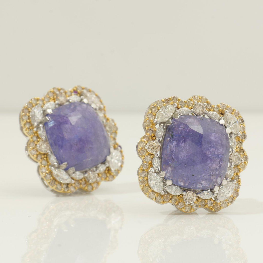 Tanzanite Cushion Halo Diamond Earrings, 14K Solid Gold, Natural Diamonds, Floral Gemstone Statement Studs, Ready To Ship, HRD Certified