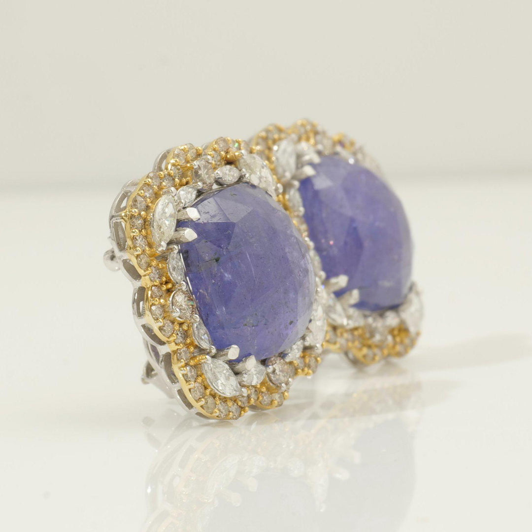 Tanzanite Cushion Halo Diamond Earrings, 14K Solid Gold, Natural Diamonds, Floral Gemstone Statement Studs, Ready To Ship, HRD Certified