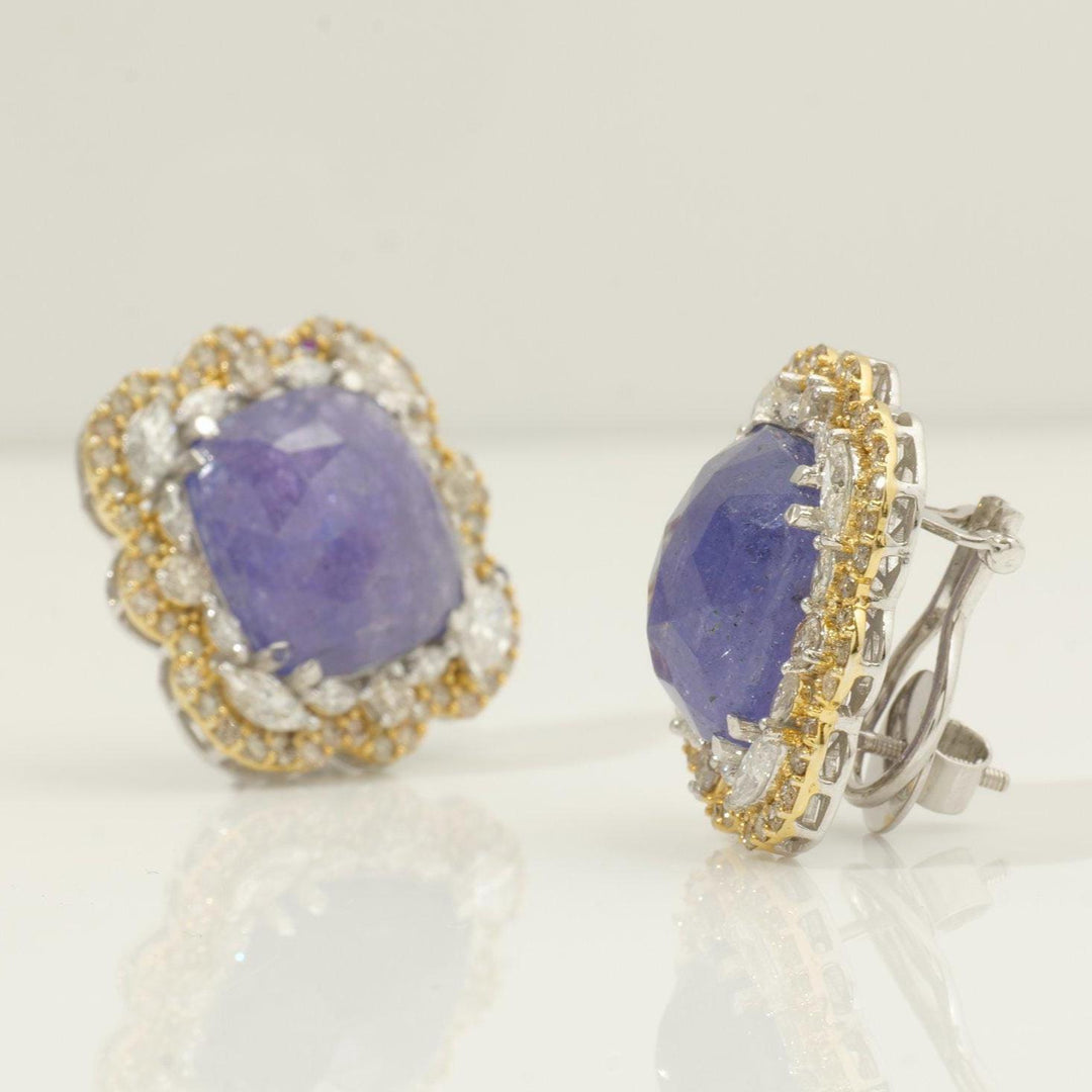 Tanzanite Cushion Halo Diamond Earrings, 14K Solid Gold, Natural Diamonds, Floral Gemstone Statement Studs, Ready To Ship, HRD Certified