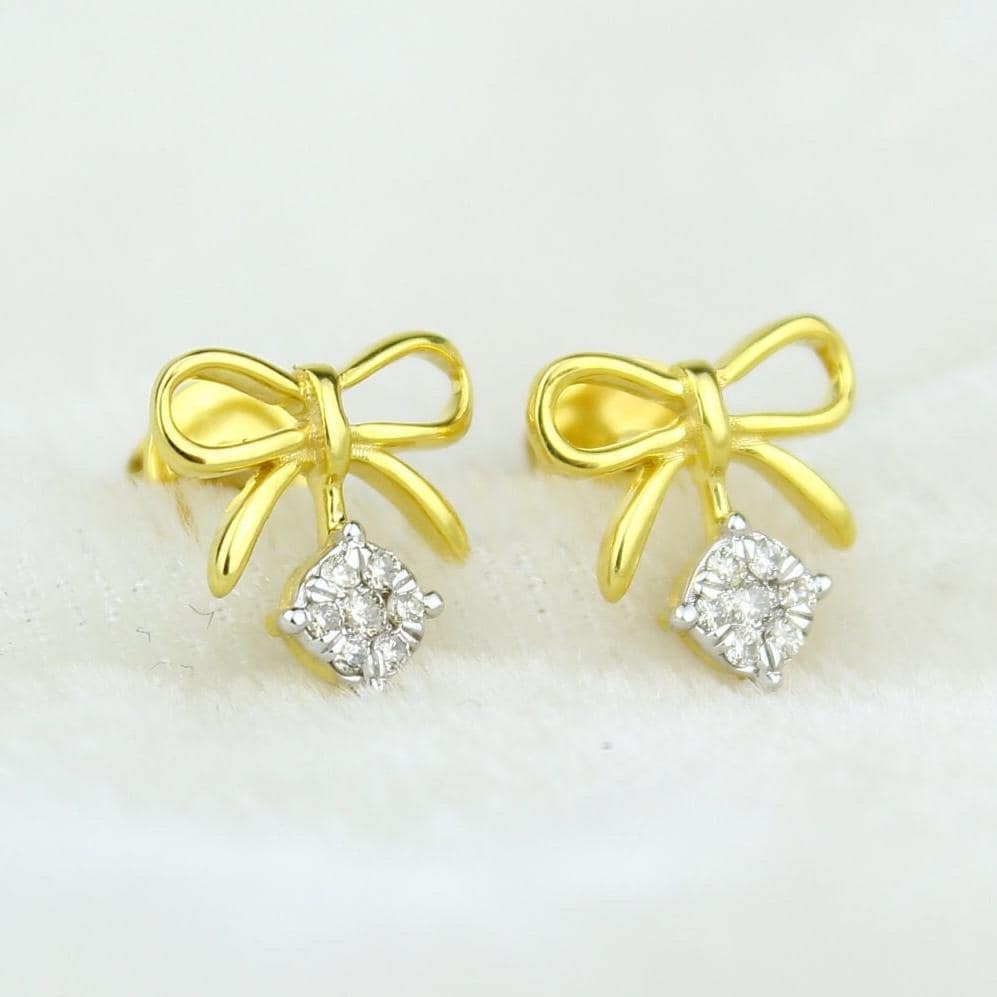 Kids Bow Diamond Stud Earrings, 14k Solid Gold, Natural Diamonds, Illusion Set Studs, Gift for toddlers/girls, Ready To Ship, HRD Certified
