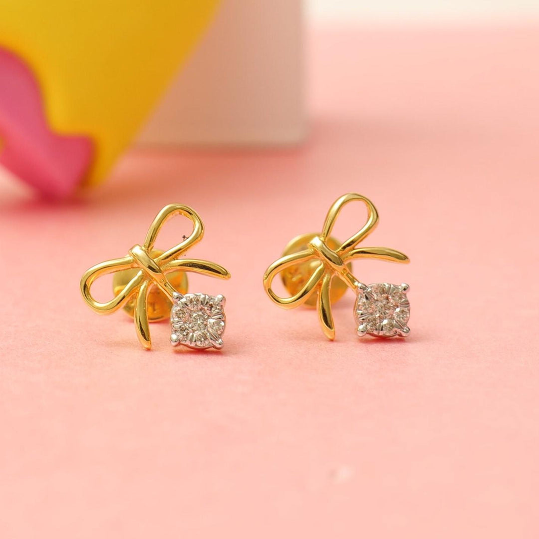 Kids Bow Diamond Stud Earrings, 14k Solid Gold, Natural Diamonds, Illusion Set Studs, Gift for toddlers/girls, Ready To Ship, HRD Certified