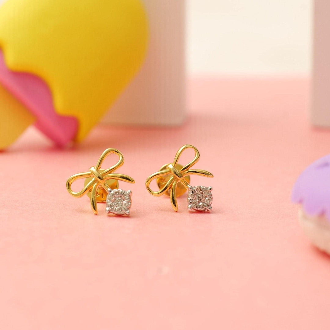Kids Bow Diamond Stud Earrings, 14k Solid Gold, Natural Diamonds, Illusion Set Studs, Gift for toddlers/girls, Ready To Ship, HRD Certified