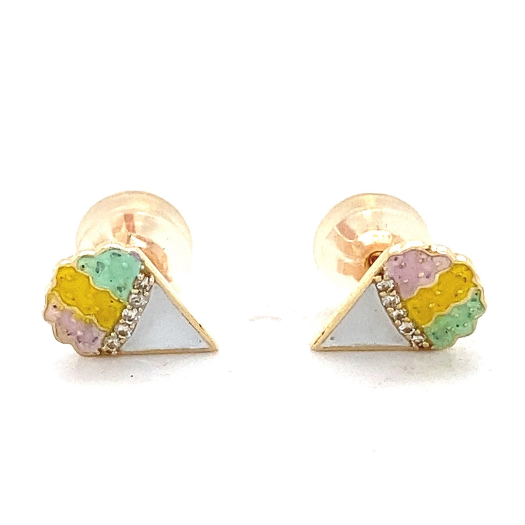 Kids Cone Ice Cream Diamond Stud Earrings, 14k Solid Gold, Natural Diamonds, Enamel Summer Jewelry, Ready To Ship, HRD Certified