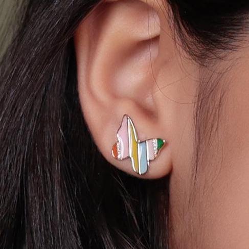 Kids Butterfly Diamond Stud Earrings, 14k Solid Gold With Enameling, Natural Diamonds, Gift for toddlers/girls, Ready To Ship, HRD Certified