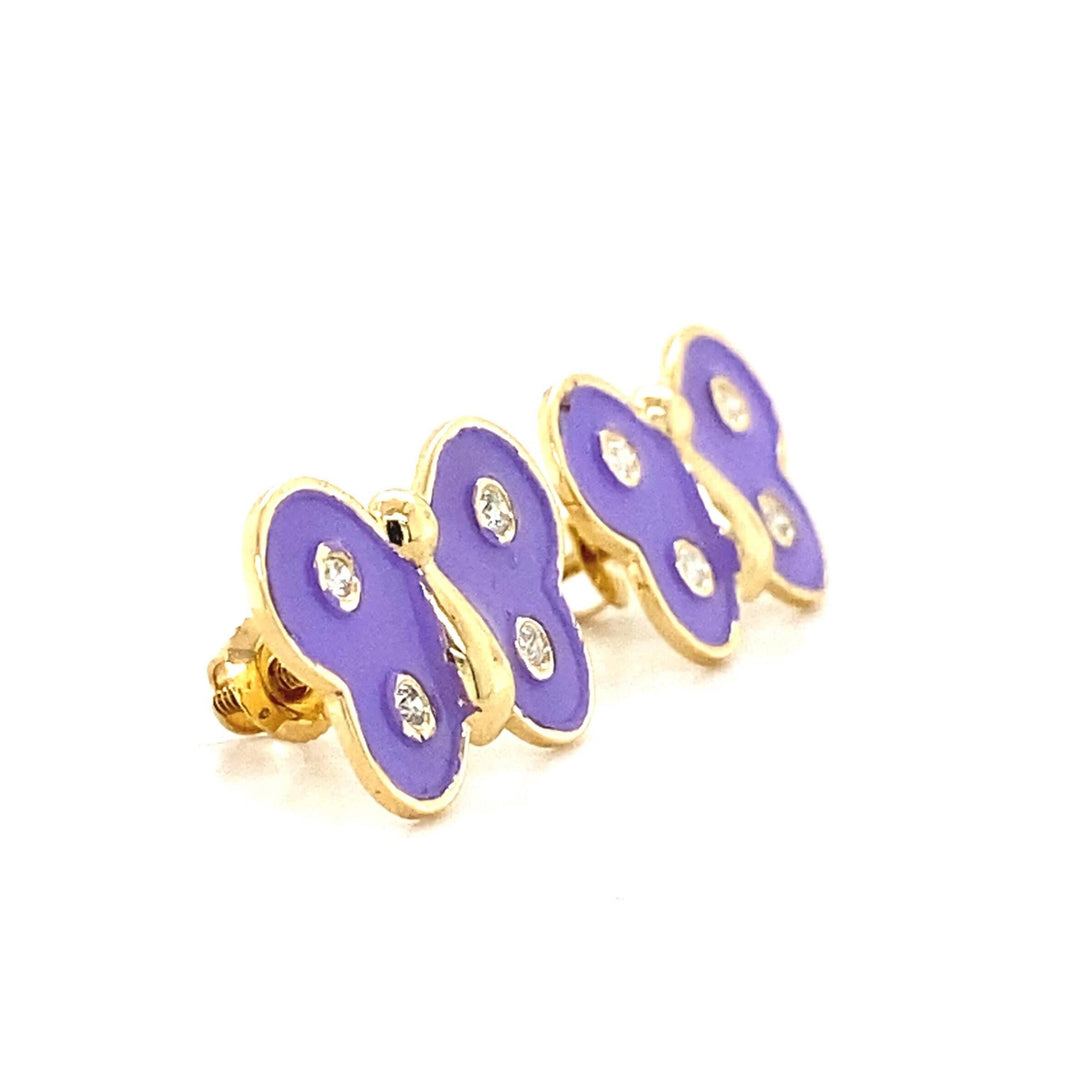 Kids Butterfly Diamond Stud Earrings, 14k Solid Gold With Purple Enameling, Natural Diamonds, Gift for girls, Ready To Ship, HRD Certified