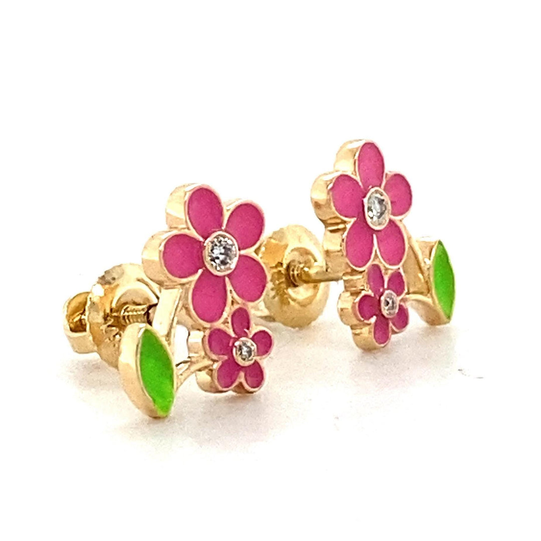 Kids Floral Petal Diamond Stud Earrings, 14k Solid Gold With Enameling, Natural Diamonds, Gift for toddlers/girls/kids, Ready To Ship
