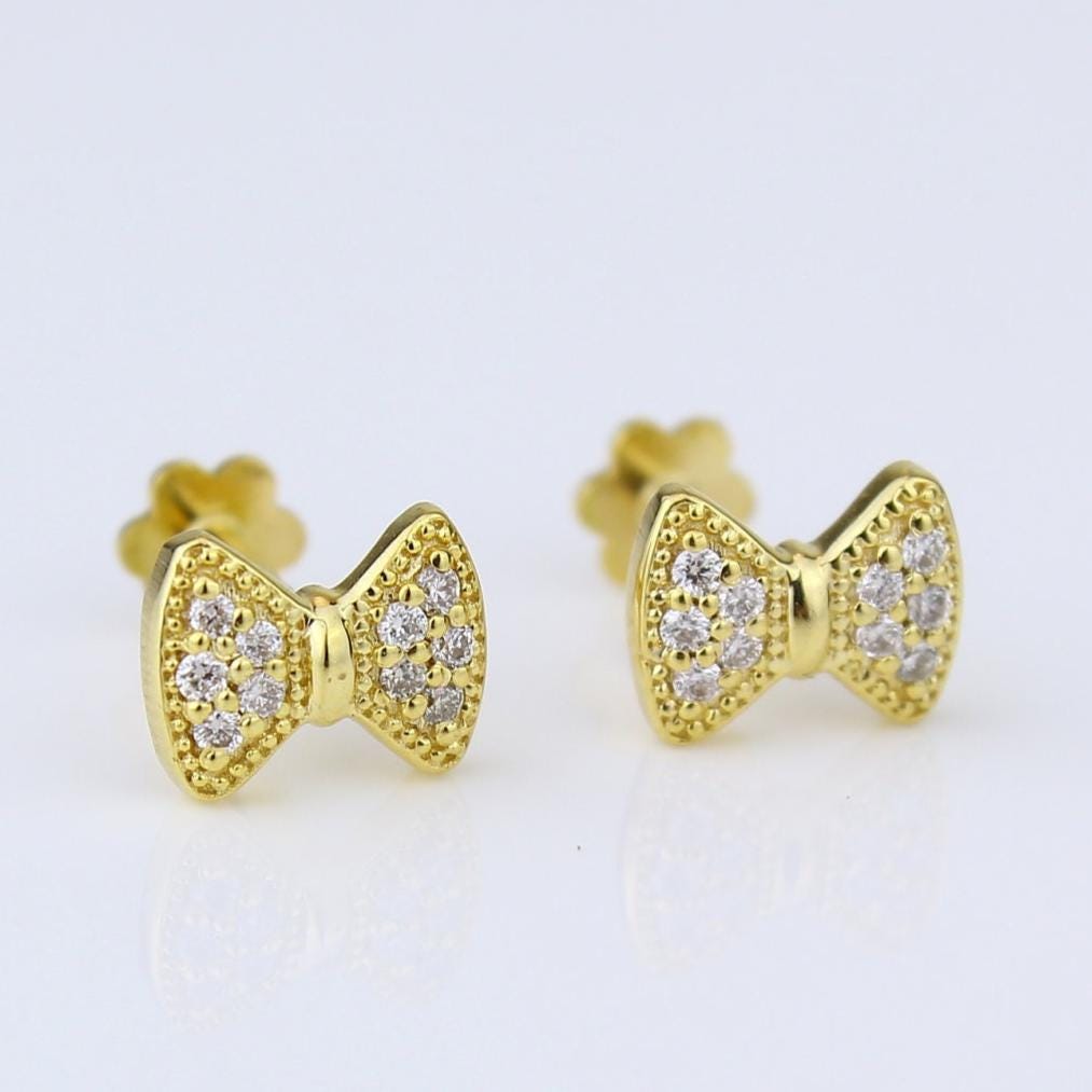 Kids Bow Diamond Stud Earrings, 14k Solid Gold, Natural Diamonds, Kids Ribbon jewelry, Gift for toddlers/girls/kids, Ready To Ship