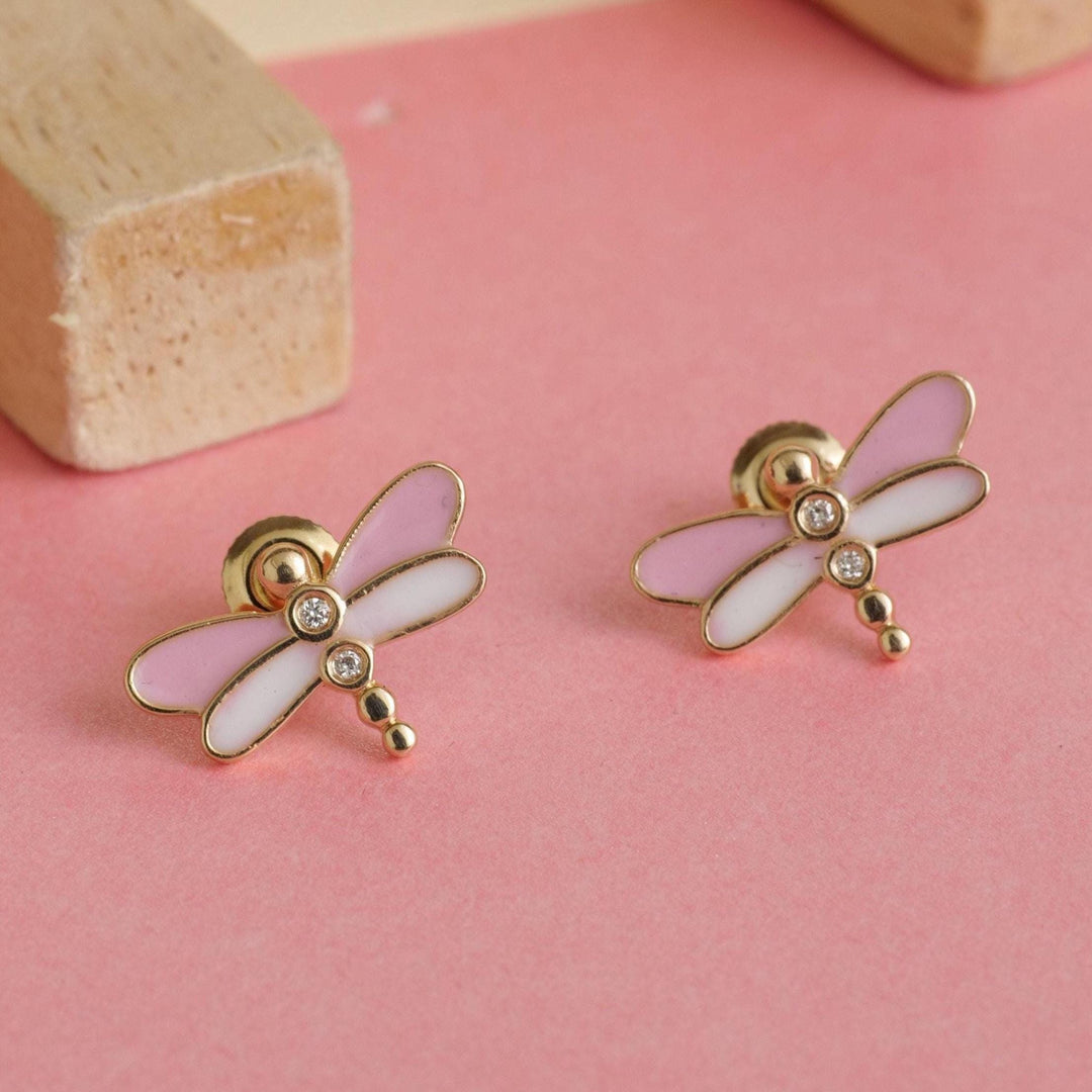 Kids Dragonfly Diamond Stud Earrings, 14k Solid Gold, Natural Diamonds, Enamel Wings Studs, Gift for  girls, Ready To Ship, HRD Certified