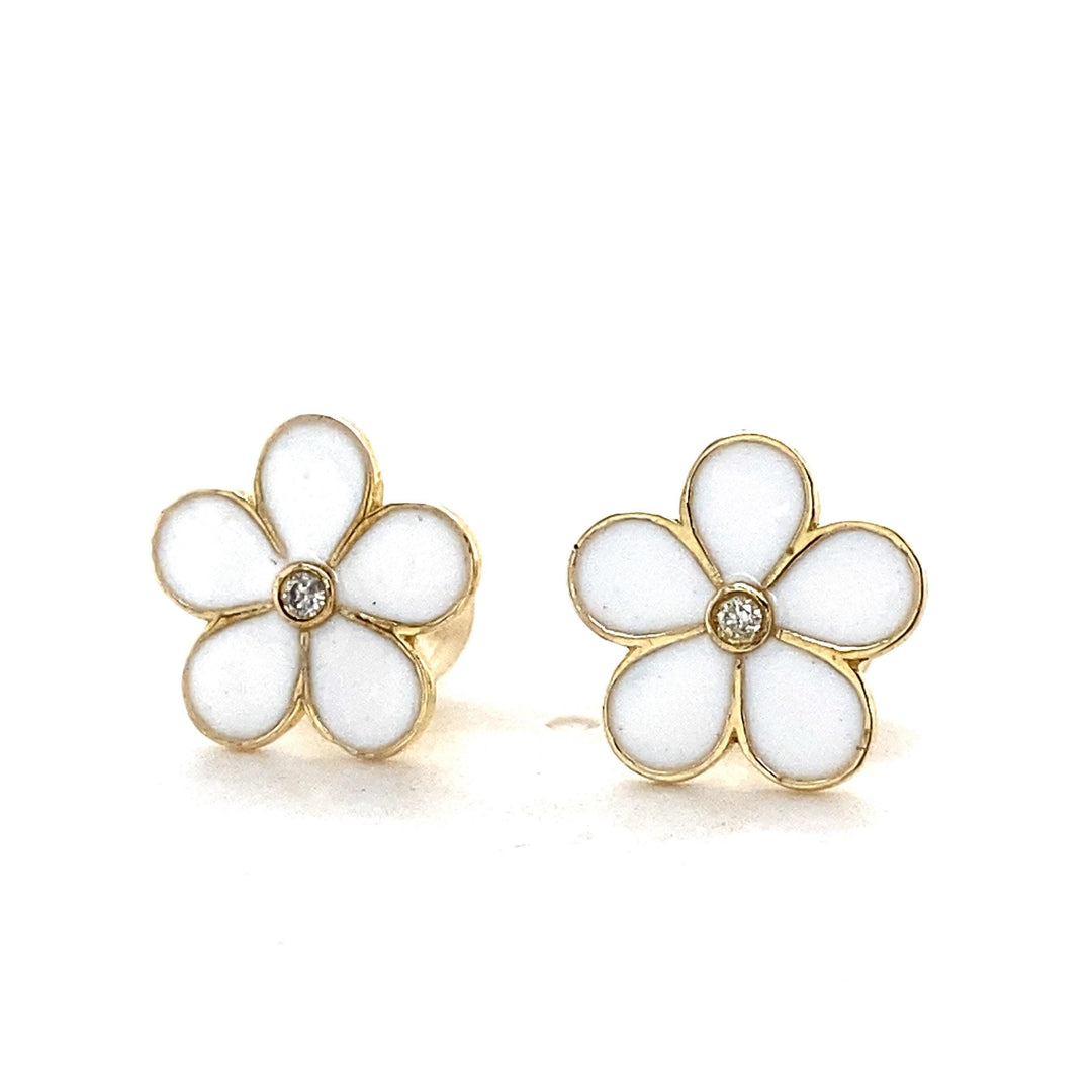 Kids Enameled Flower Diamond Earrings, 14k Solid Gold, Natural Diamonds, Bezel Set Floral Studs, Ready To Ship, HRD Certified