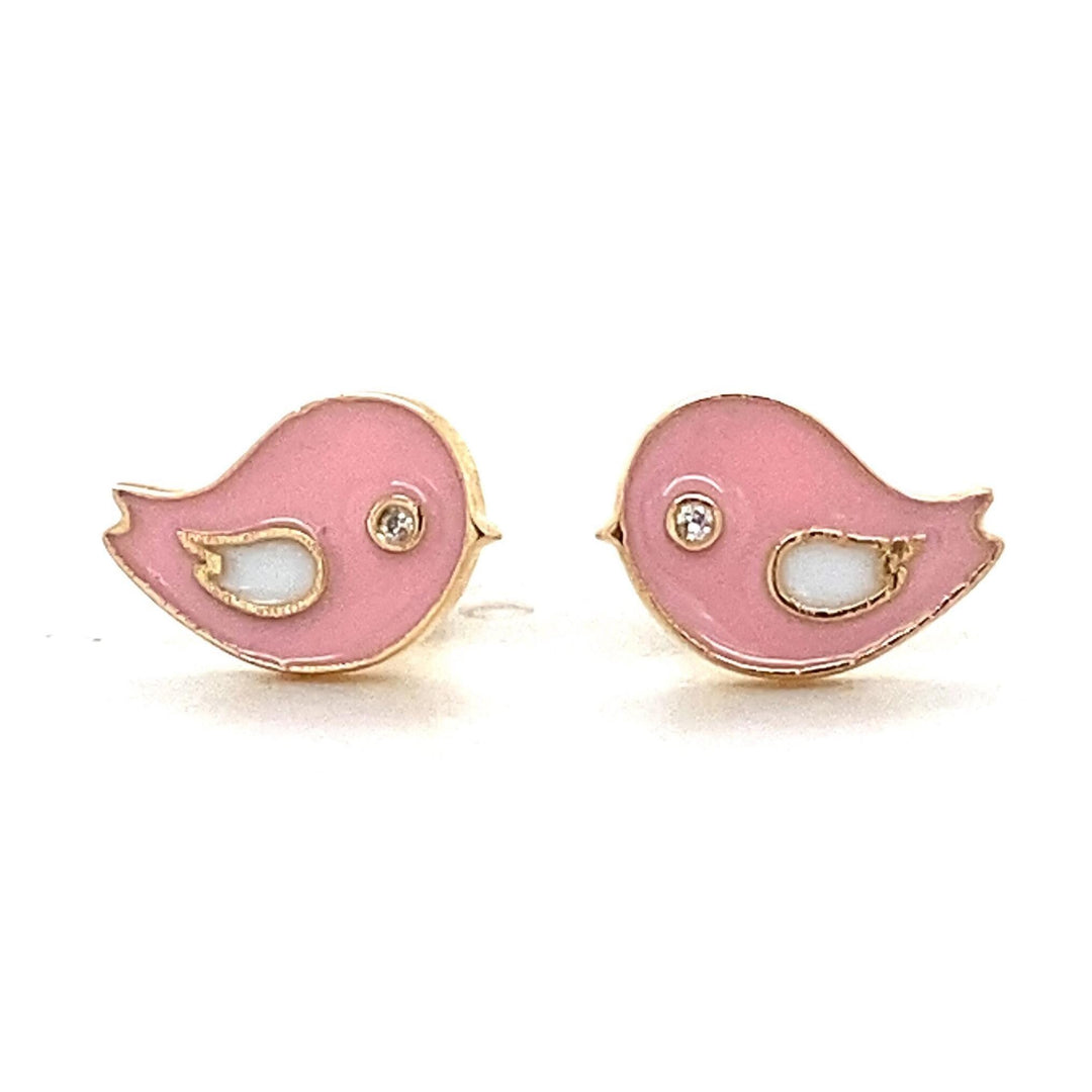 Kids Pink Bird Diamond Stud Earrings, 14k Solid Gold With Enameling, Natural Diamonds, Gift for toddlers/girls/kids, Ready To Ship