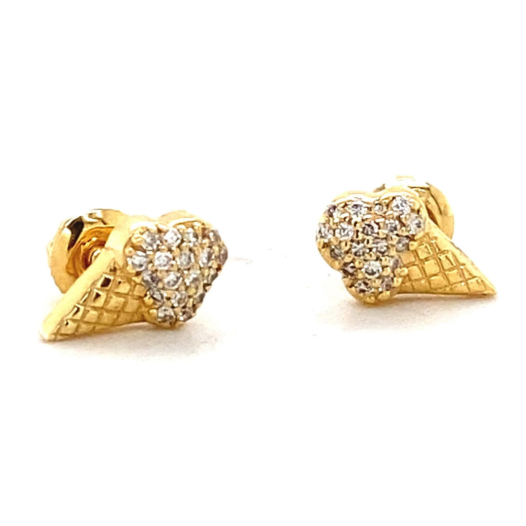 Kids Ice Cream Cone Diamond Stud Earrings, 14k Solid Gold, Natural Diamonds, Summer Jewelry, Gift for toddlers/girls/kids, Ready To Ship