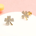 Load image into Gallery viewer, Kids Leaf Clover Diamond Stud Earrings, 14k Solid Gold, Natural Diamonds, Two Toned Studs, Gift for girls, Ready To Ship, HRD Certified
