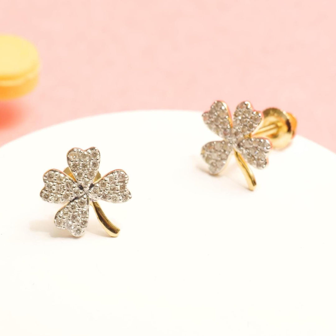 Kids Leaf Clover Diamond Stud Earrings, 14k Solid Gold, Natural Diamonds, Two Toned Studs, Gift for girls, Ready To Ship, HRD Certified