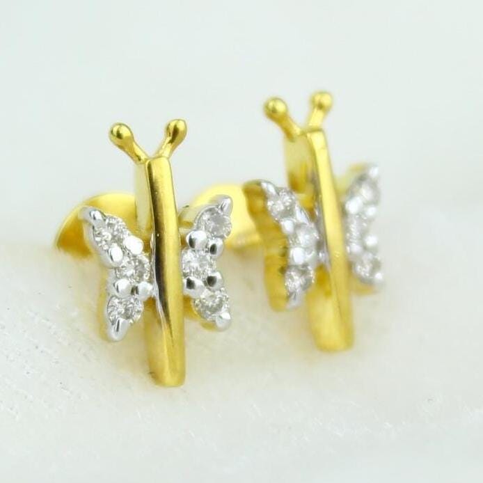 Kids Dragonfly Diamond Stud Earrings, 14k Solid Gold, Natural Diamond, Insect Jewelry, Gift for toddlers/girls, Ready To Ship, HRD Certified