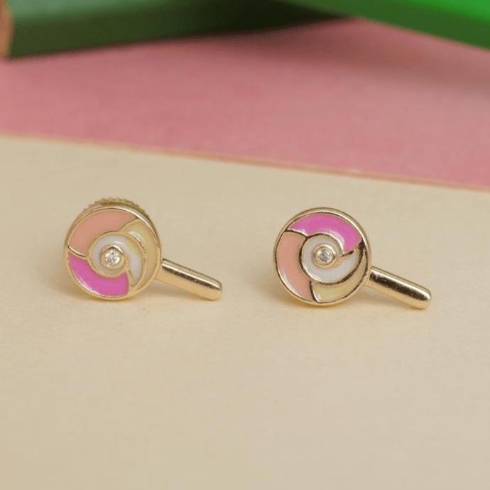 Kids Lollipop Diamond Stud Earrings, 14k Solid Gold With Enameling, Natural Diamonds, Candy Jewelry, Gift for toddlers/girls, Ready To Ship