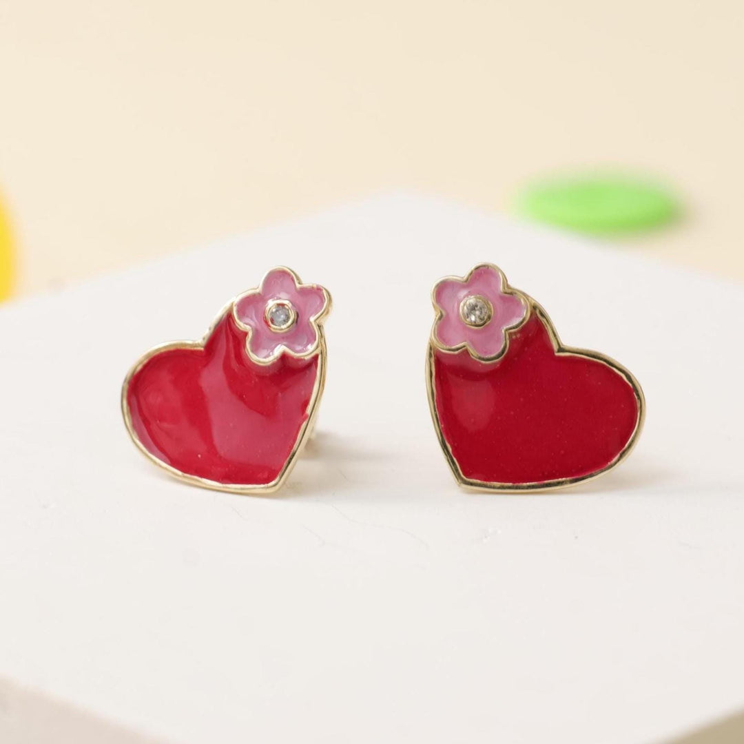 Teenager Floral Heart Diamond Stud Earrings, 14k Solid Gold With Enameling, Natural Diamonds, Gift for girls, Ready To Ship, HRD Certified