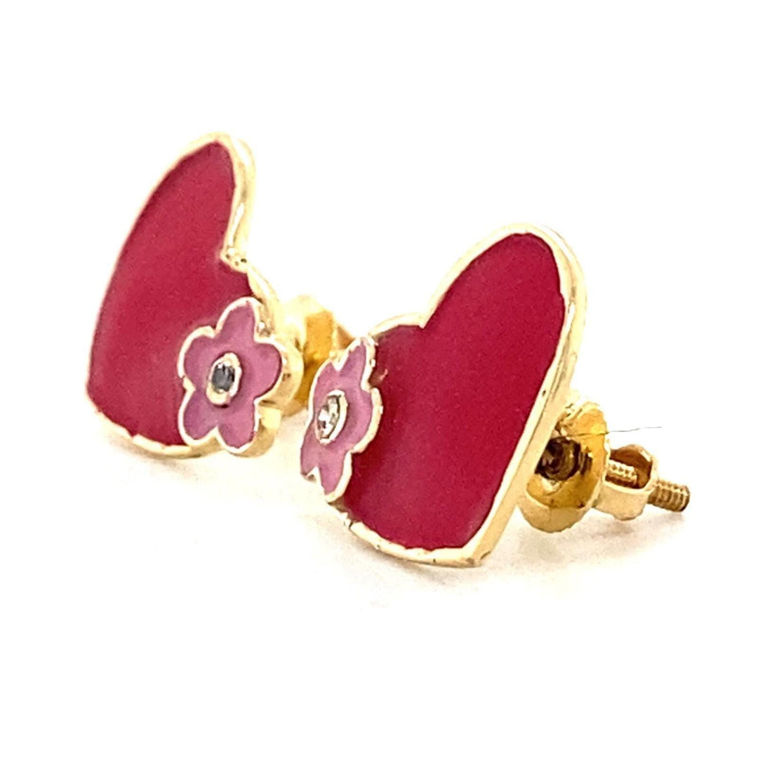 Teenager Floral Heart Diamond Stud Earrings, 14k Solid Gold With Enameling, Natural Diamonds, Gift for girls, Ready To Ship, HRD Certified