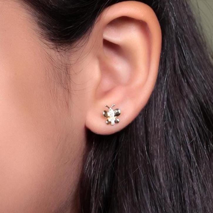 Kids Butterfly Diamond Stud Earrings, 14k Solid Gold, Natural Diamonds, Kids Insect Jewelry, Gift for toddlers/girls/kids, Ready To Ship