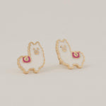 Load image into Gallery viewer, Kids Llama Diamond Earrings, 14k Solid Gold, Natural Diamonds, Enamel Animal Studs, Gift for toddlers/girls/kids, Ready To Ship
