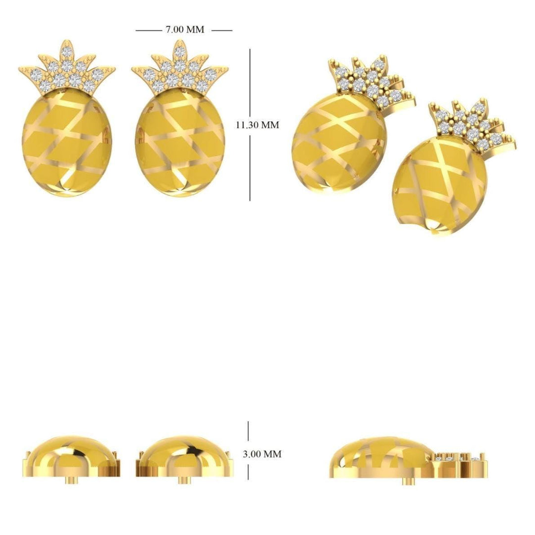 Kids Pineapple Diamond Earrings, 14k Solid Gold, Natural Diamonds, Enamel Fruit Stud, Gift for toddler/girls, Ready To Ship, HRD Certified