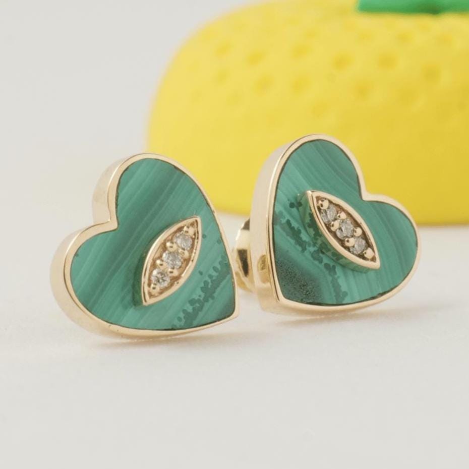Kids Malachite Heart Diamond Earrings, 14k Solid Gold, Natural Diamonds, Everyday Studs, Gift for Girls/Kids/Toddlers, Ready To Ship