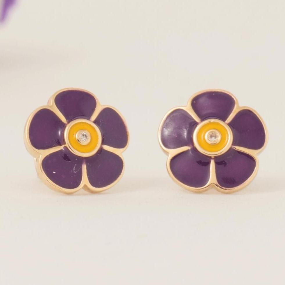Kids Flower Diamond Earrings, 14k Solid Gold, Natural Diamonds, Colorful Enamel Petals Studs, Gift for girls, Ready To Ship, HRD Certified