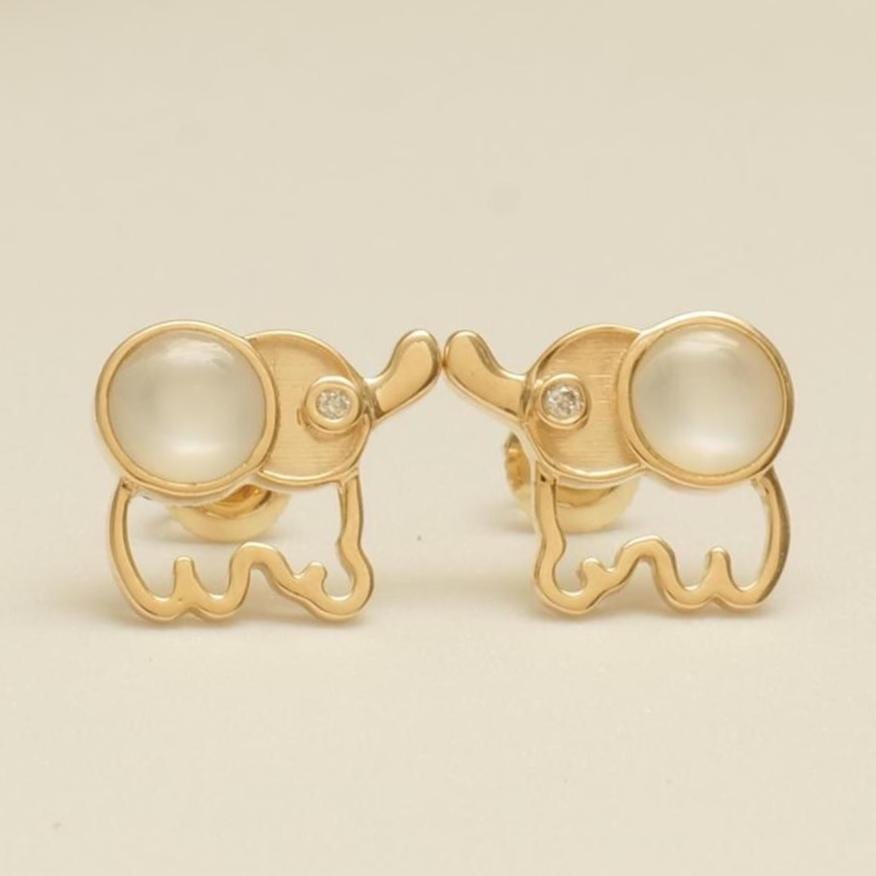 Kids Elephant Diamond Earrings, 14k Solid Gold, Natural Diamonds, Mother of Pearl Jewelry, Everyday Gift for toddlers/girls, Ready To Ship