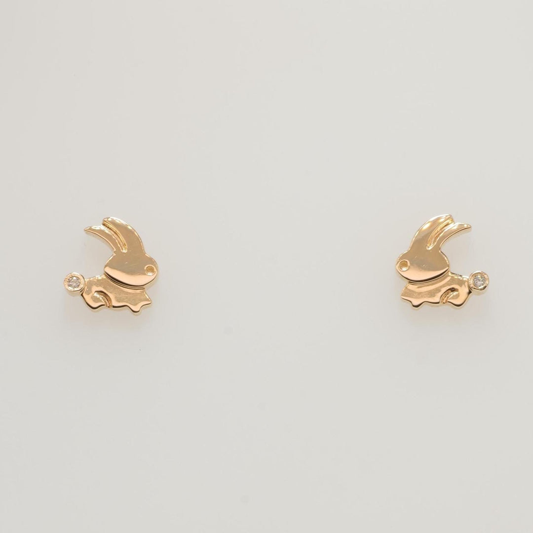 Kids Bunny Diamond Earrings, 14k Solid Gold, Natural Diamonds, Animal Jewelry, Minimalistic Gift for toddlers/girls/kids, Ready To Ship