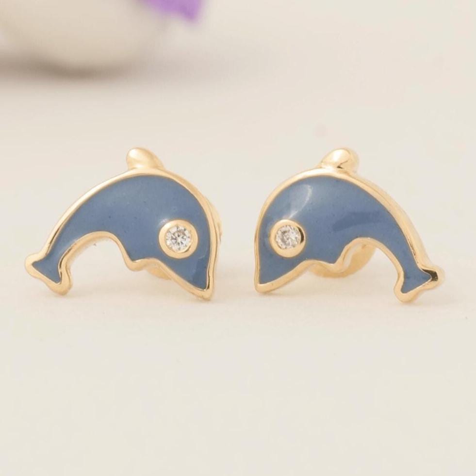 Kids Dolphin Diamond Earrings, 14k Solid Gold, Enamel Studs, Natural Diamond, Everyday Jewelry, Gift for girls, Ready To Ship, HRD Certified