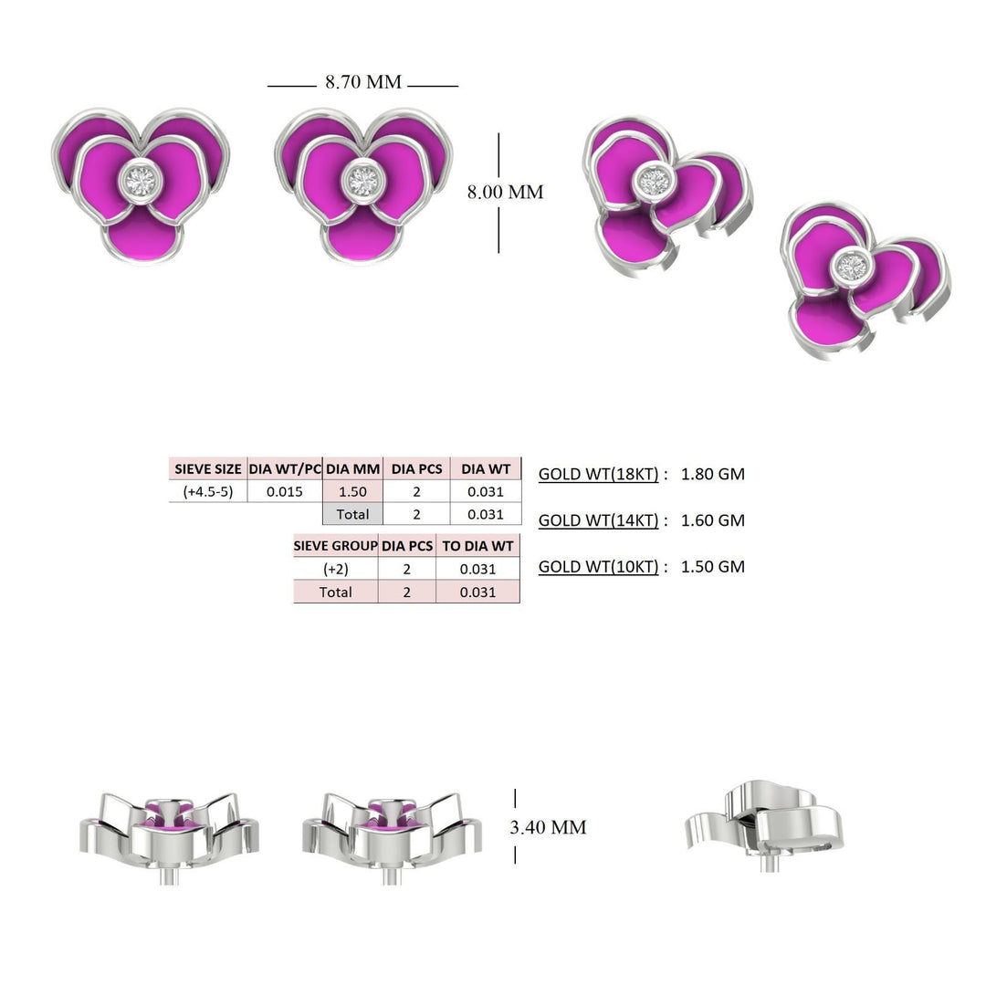 Kids Blooming Flower Diamond Earrings, 14k Solid Gold, Pink Enamel Studs, Natural Diamonds, Gift for toddlers/girls/kids, Ready To Ship