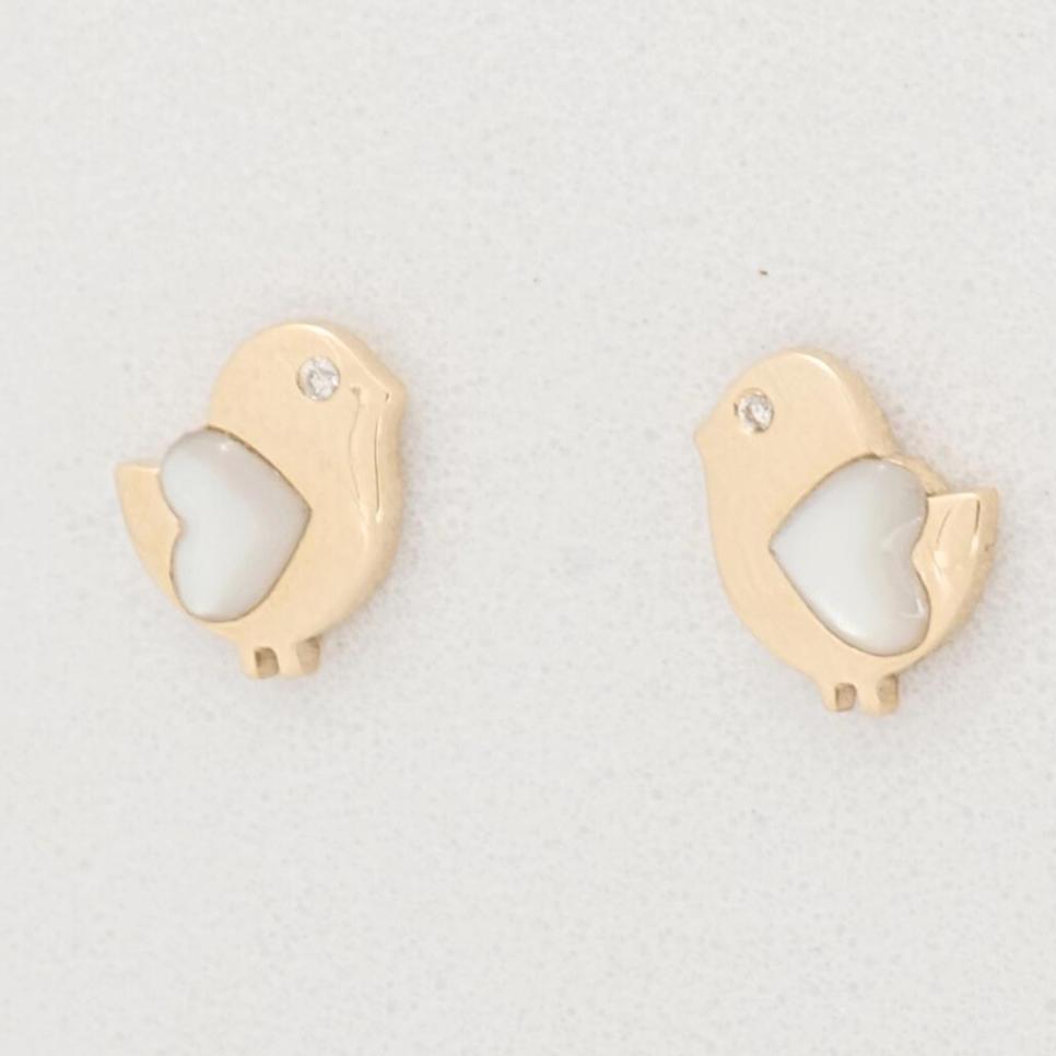 Kids Bird Diamond Earrings, Mother of Pearl Studs, 14k Solid Gold, Natural Diamonds, Gift For Toddlers/Girls, Ready To Ship, HRD Certified