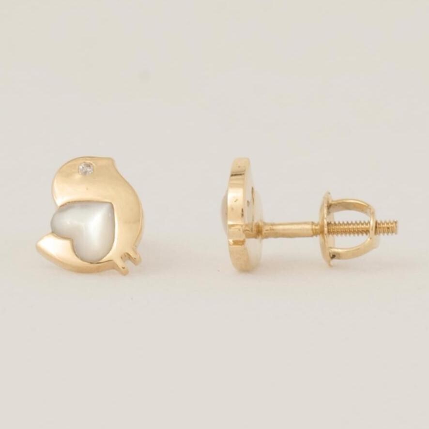 Kids Bird Diamond Earrings, Mother of Pearl Studs, 14k Solid Gold, Natural Diamonds, Gift For Toddlers/Girls, Ready To Ship, HRD Certified
