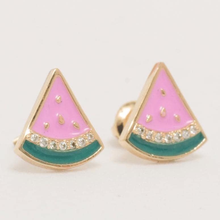 Kids Watermelon Diamond Earrings, 14k Solid Gold, Colorful Enamel Studs, Natural Diamonds, Gift for toddlers/girls/kids, Ready To Ship