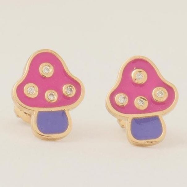 Kids Mushroom Diamond Earrings, 14k Solid Gold, Colorful Enamel Studs, Natural Diamonds, Gift for girls, Ready To Ship, HRD Certified