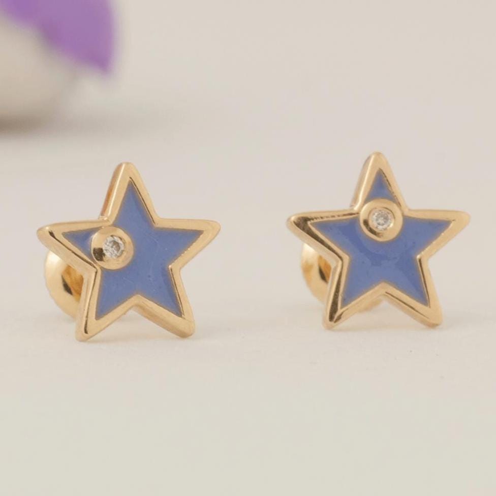 Star Diamond Kids Earrings, 14k Solid Gold Enamel Studs, Natural Diamonds, Everyday jewelry, Gift for girls, Ready To Ship, HRD Certified